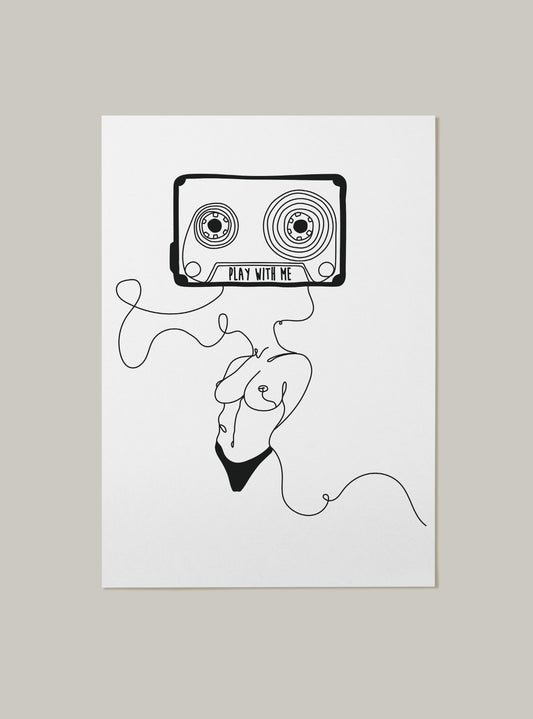Play With Me Cassette Tape Nude Line Art Print